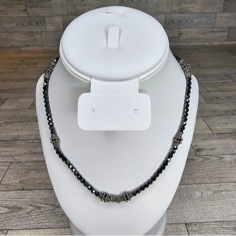 Black Spinel and Silver Accent 18" Bead Necklace, Pendant Chain Toggle Closure
